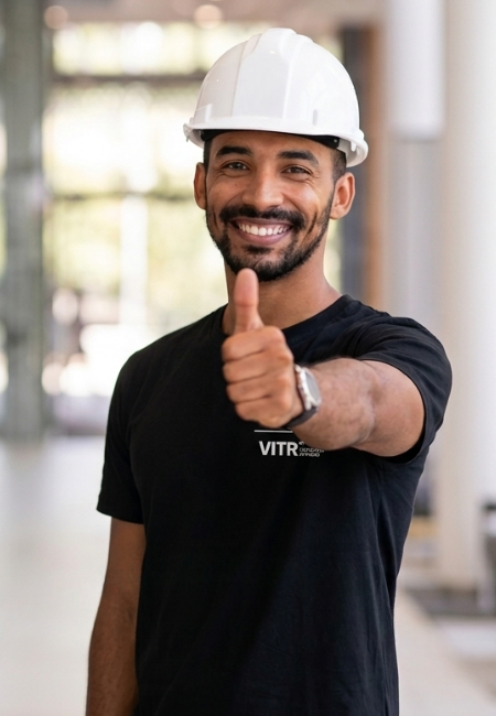 Equipo profesional de Vitratec con cascos de seguridad, servicio experto en proyectos de vidrio y cancelería.
